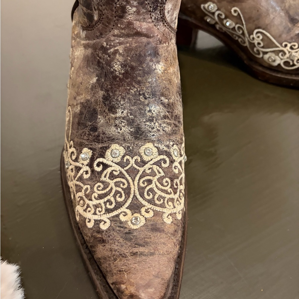 Soto Brand Western  Distressed Brown Boots with Cream Embroidery, Rhinestones